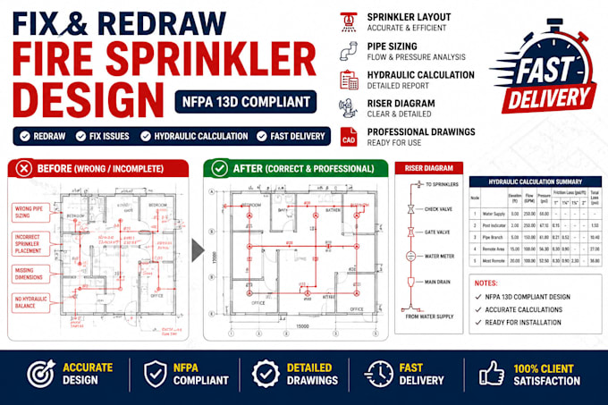 fix and redraw fire sprinkler design with nfpa 13d hydraulic calculation