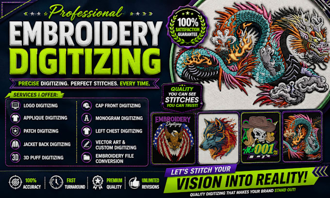 do expert digital embroidery digitizing for logo and cap