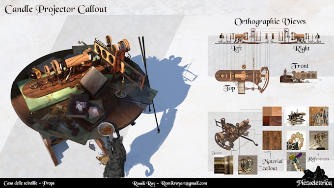 design game prop concept art with orthographic sheets and 3d blockout
