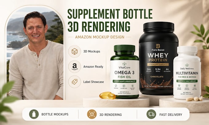 create 3d supplement bottle mockup and rendering for amazon