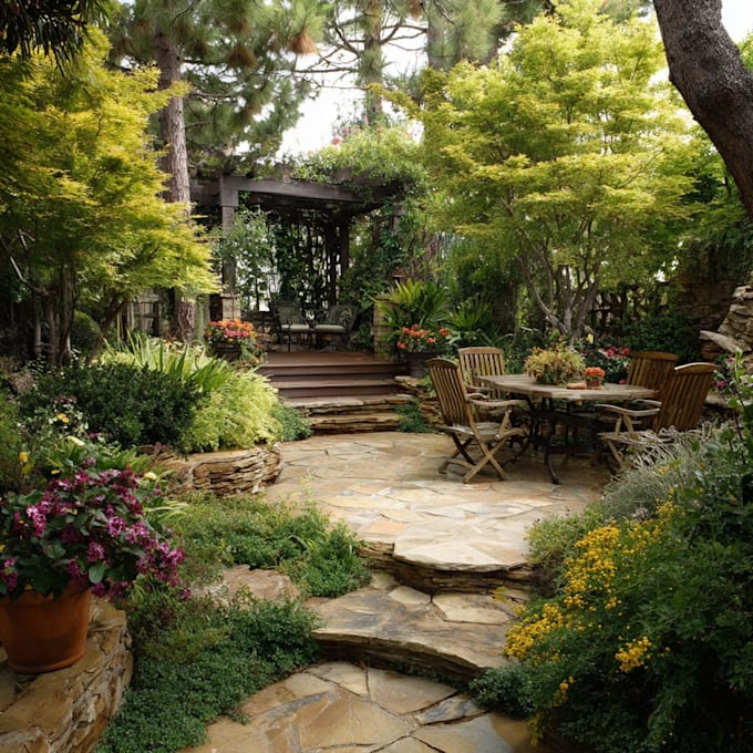 design landscape, terrace, backyard, pool, and patio