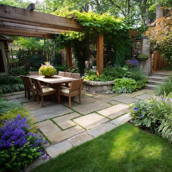 design landscape, terrace, backyard, pool, and patio