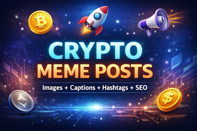 create crypto meme posts, images, captions, hashtags and SEO descriptions