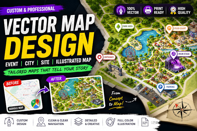 Design location vector map, event map, music festival map, site map ...