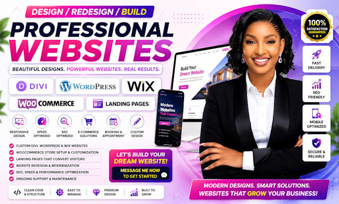 build custom divi wordpress woocommerce wix landing page website design redesign