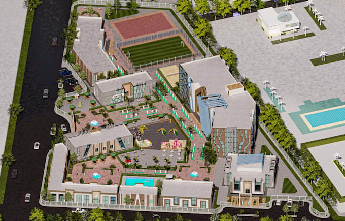 reconstruct outdoor recreational facilities,playground cgi render,3d site layout