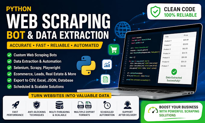 build python web scraping bot, data scraping bot, price scrapper bot, python bot