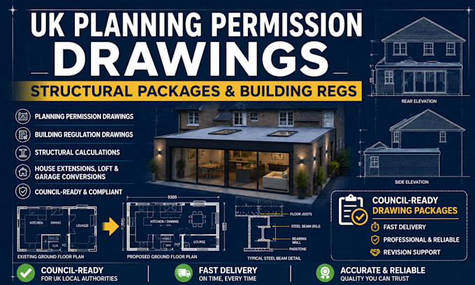 prepare UK council ready planning permission drawings and building regulation