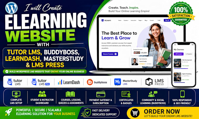 build wordpress lms website with learndash, buddyboss tutor lms pro, masterstudy