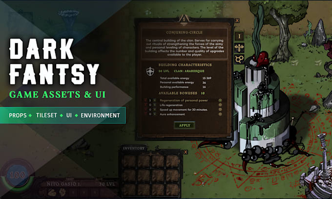 create dark fantasy environment assets and UI for games