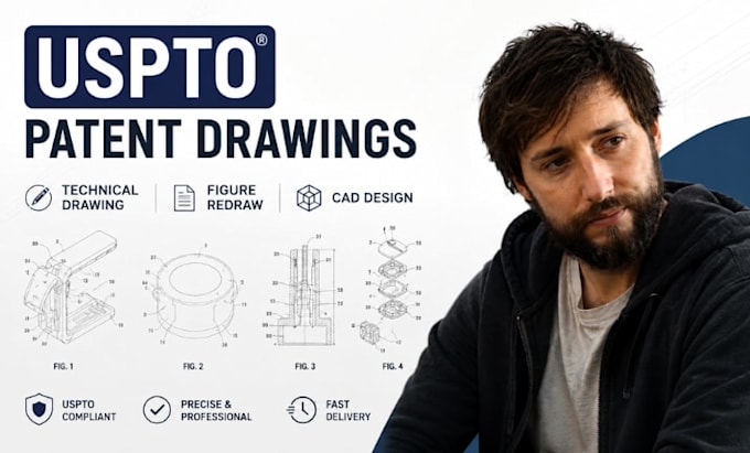 uspto patent technical drawing, patent figure redraw, cad design