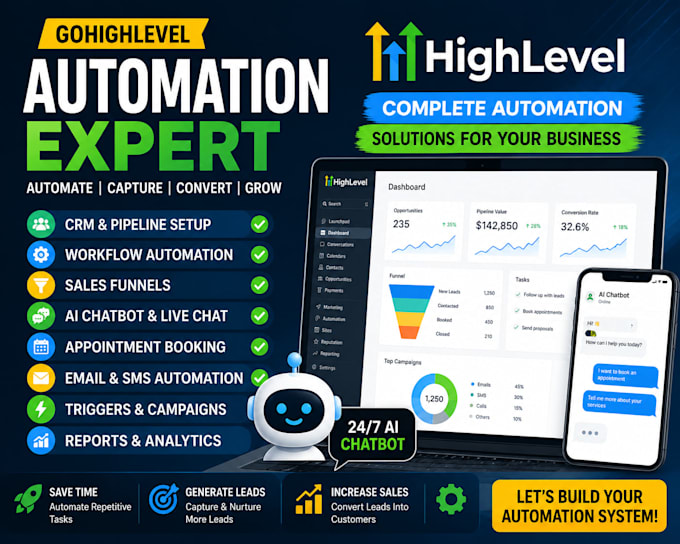 build gohighlevel automation CRM workflows funnels ai chatbot setup design