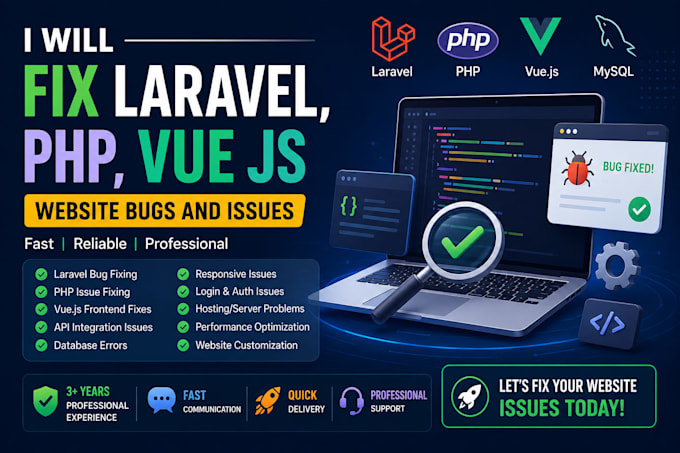 fix laravel, PHP, vue js website bugs and issues