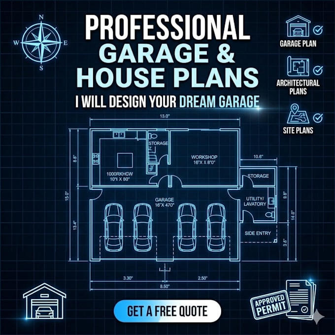 design garage plan, architectural plan and permit drawings in autocad