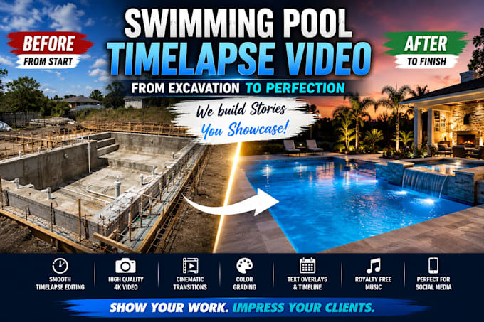create a cinematic swimming pool construction timelapse and completion video