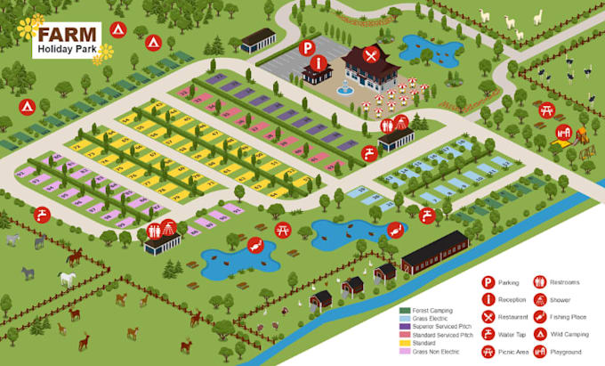 design 3d or 2d isometric resort campground and event site plan maps