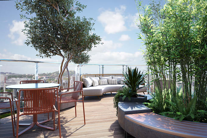 create luxury rooftop terrace design with realistic 3d renders