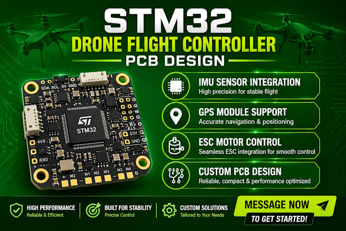 design stm32 drone flight controller pcb with imu sensor gps telemetry, esc