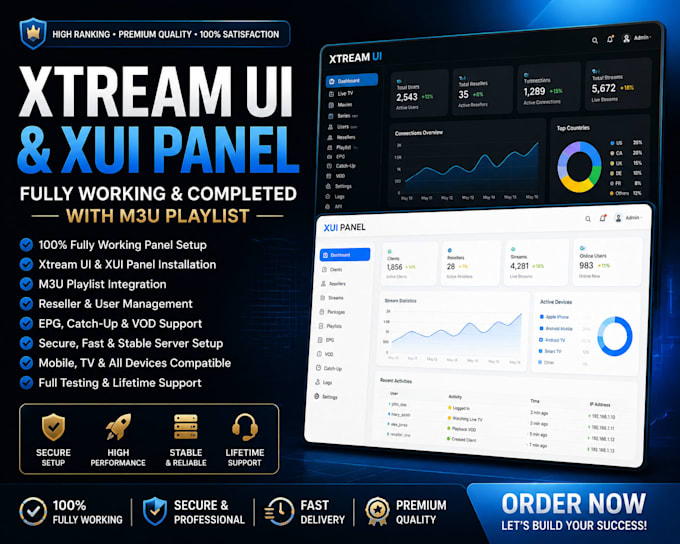 develop fully working and completed xtream ui and xui panel  with m3u playlist