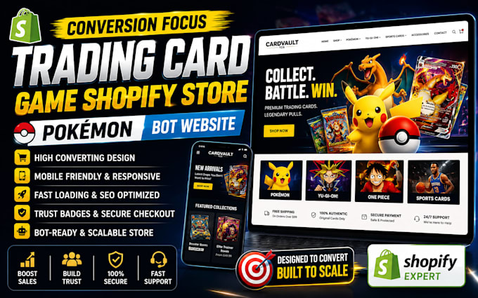 build conversion focus trading card game shopify store pokemon bot website