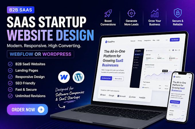 design b2b saas startup website in webflow or wordpress for software companies