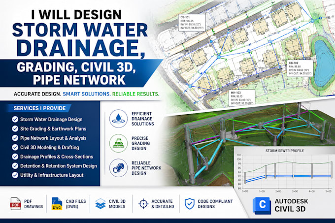 design storm water drainage, grading, civil 3d, pipe network