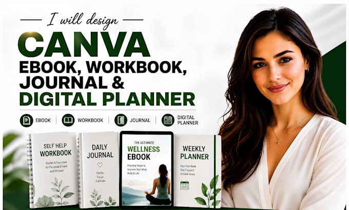 design canva ebook, self help workbook, wellness journal, digital planner design