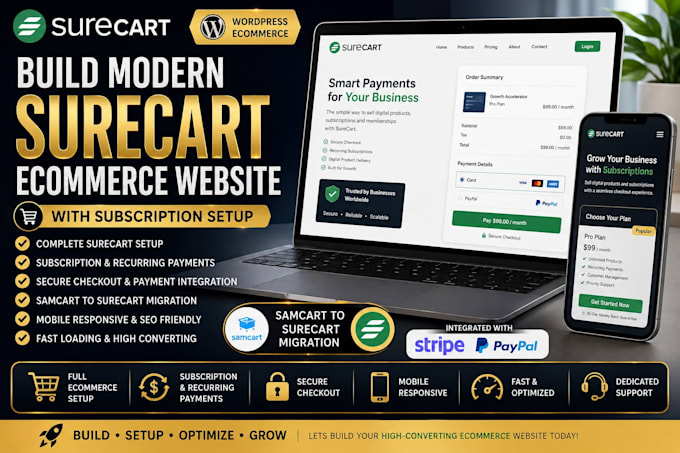 build modern surecart ecommerce website subscription setup