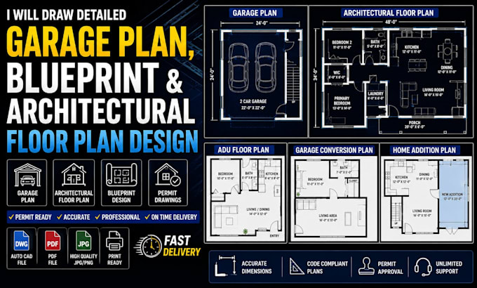 draw detailed garage plan, garage conversion and architectural floor plan design