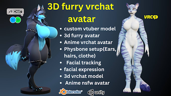 create custom vrchat avatar, furry vtuber model for vseeface, pc and quest