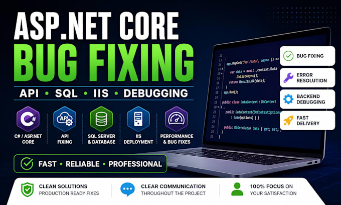 fix asp net core, c sharp, iis, and sql issues