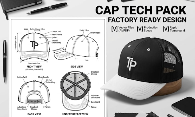 design cap tech pack hat sketch trucker hat and headwear spec sheet for brands