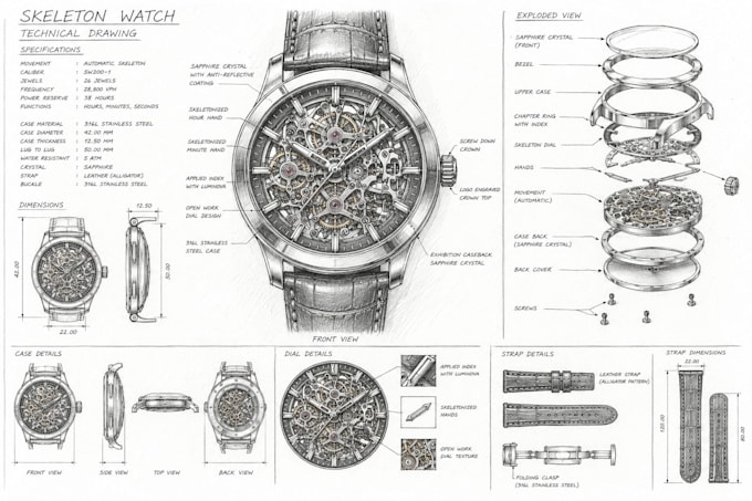 design 3d cad watch technical, luxury watch, skeleton watch technical drawing