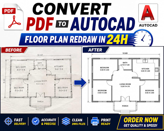 autocad drawing, convert PDF to cad, floor plan redraw 24h