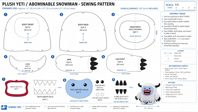 create plush sewing pattern, ready for manufacturing step by step instructions