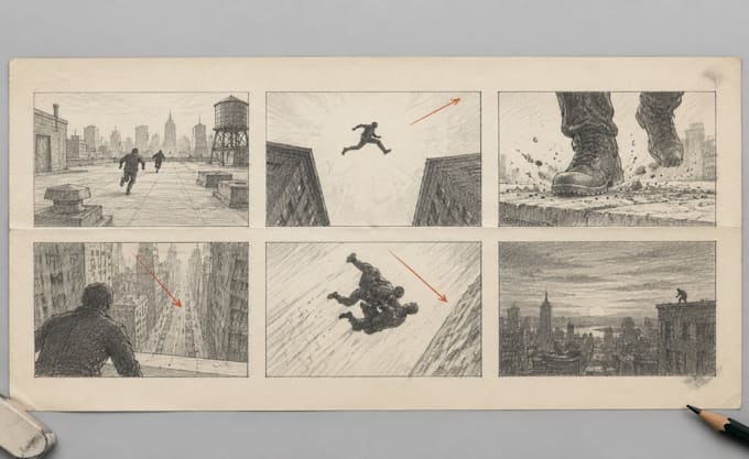 create action storyboard panels for movie scenes, fight sequences