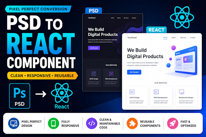 convert psd to react or next js component using  tailwind css