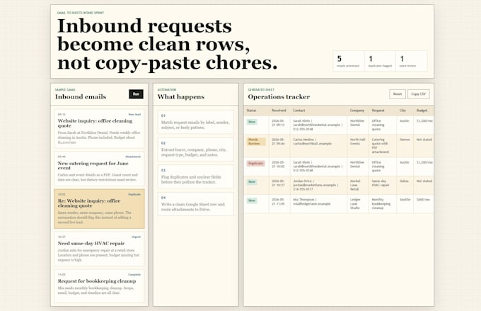 turn gmail emails into a clean google sheet intake tracker