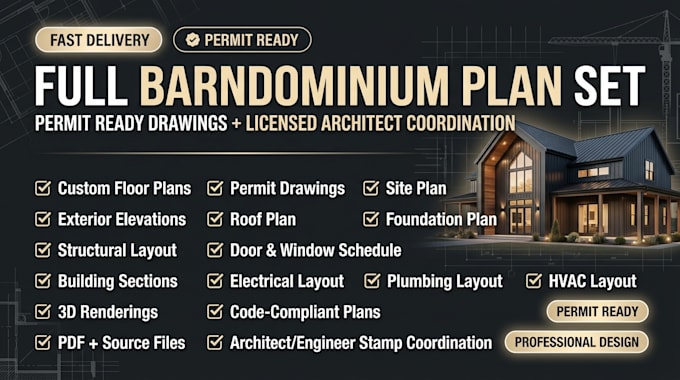do 3d exterior interior layout for barndominium, ceiling plan, license engineer