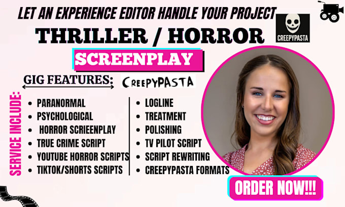 write, edit or format thriller, mystery, action, horror film, true crime script