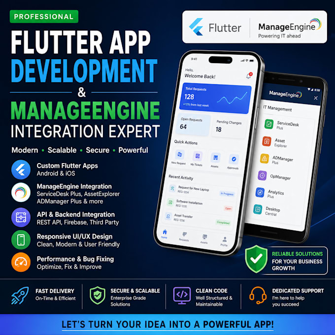 develop flutter app, manageengine integration, flutter mobile app, flutter UI UX
