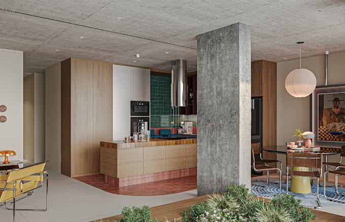 render 3d loft apartment, interior layout design, modern bedroom cgi visual, skp