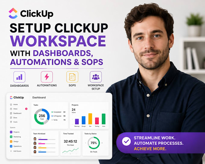 setup clickup workspace with dashboard automations and sops as clickup expert