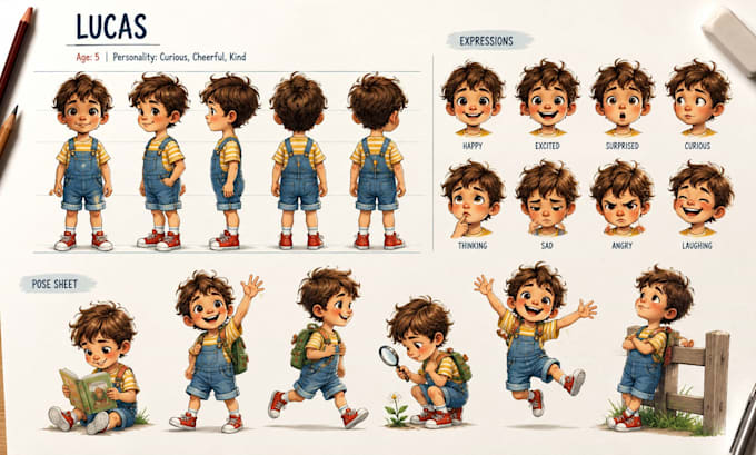 design cute childrens book characters with pose and expression sheets