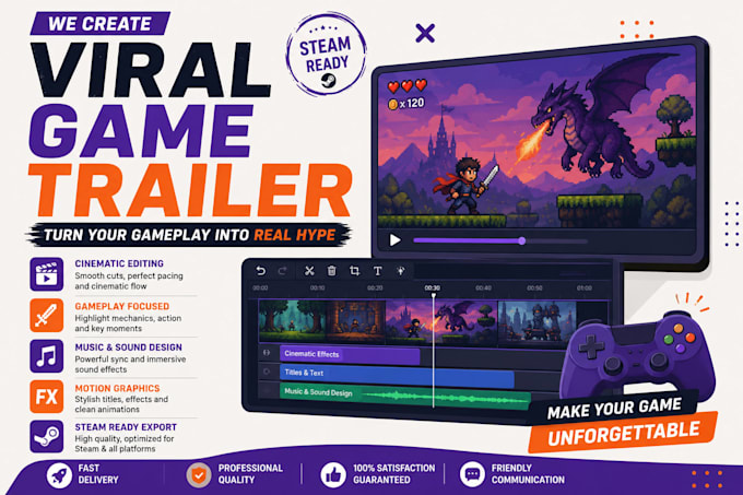 create viral cinematic game trailer, game teaser, promo video, after effect, ads