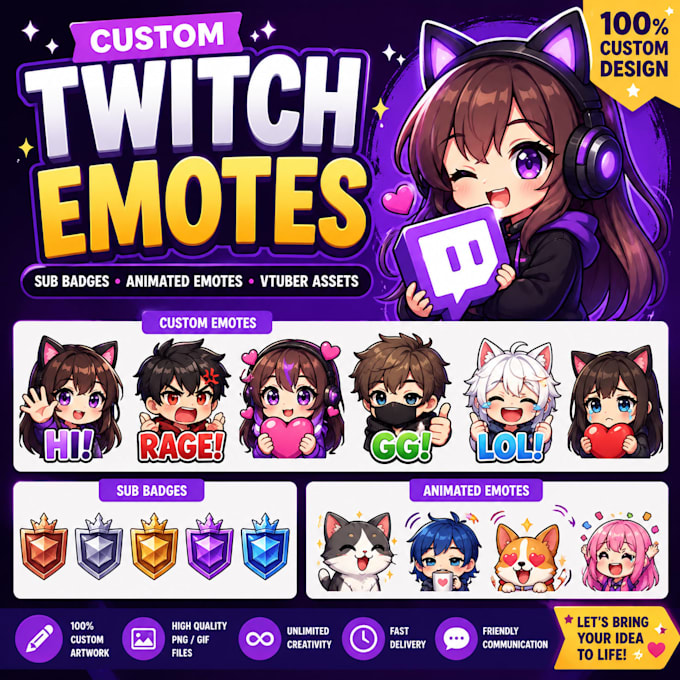 design custom twitch emotes sub badges animated emotes and vtuber assets