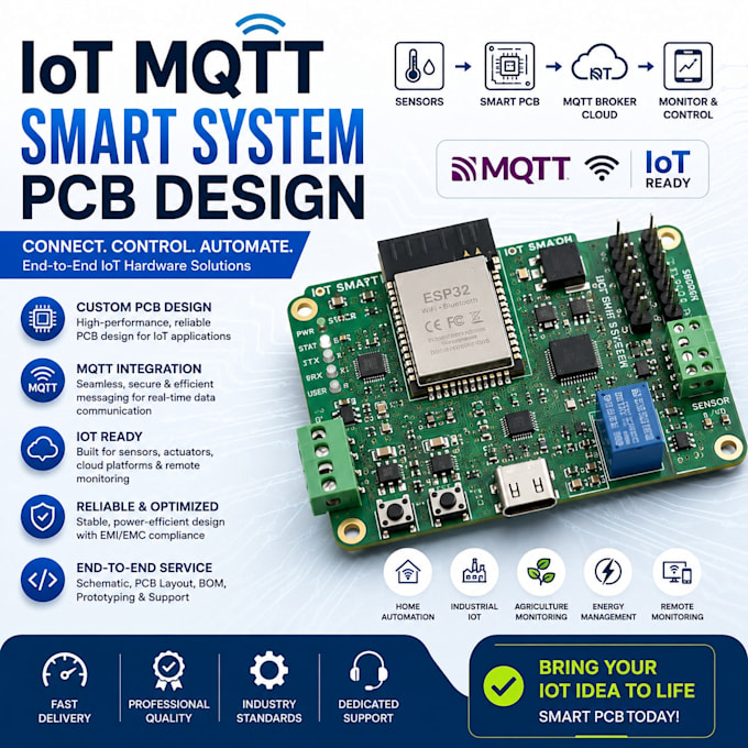 design iot mqtt smart pcb system with esp32 for real time