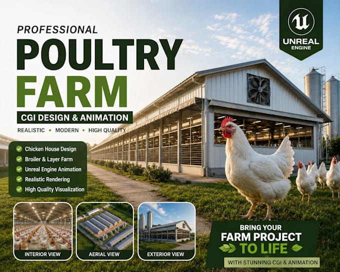 create unreal engine poultry farm cgi, chicken house design and animation