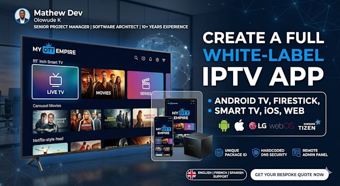 create a full white label iptv app for android TV, firestick and smart TV