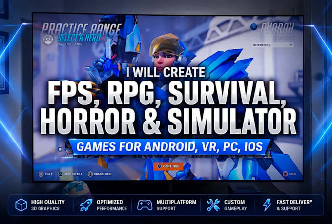 create fps, rpg, survival, horror and simulator games for android, vr, pc, ios